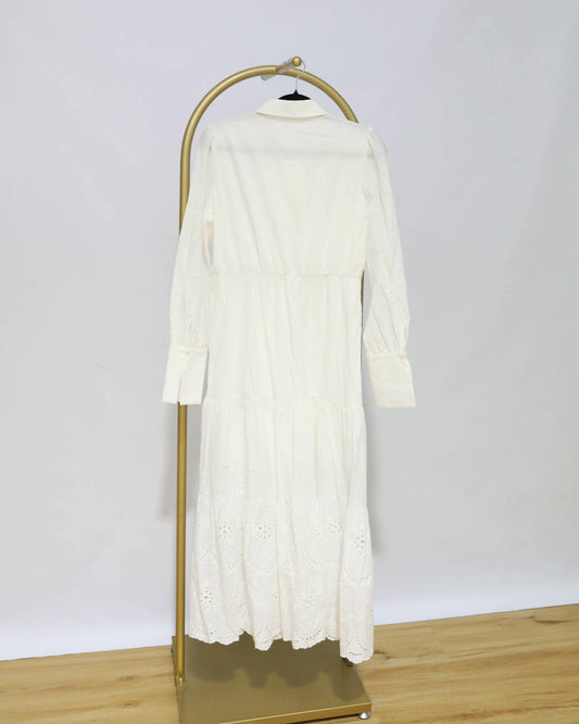 Long Sleeve Broderie Midi Dress – White