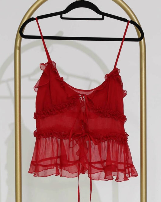 Sheer Ruffle Cami Top - Red