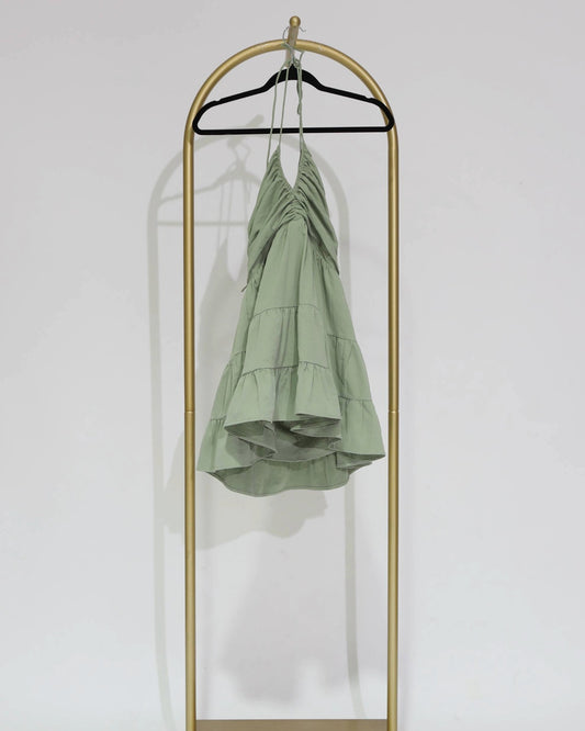 Halter Neck Tiered Mini Dress - Sage Green
