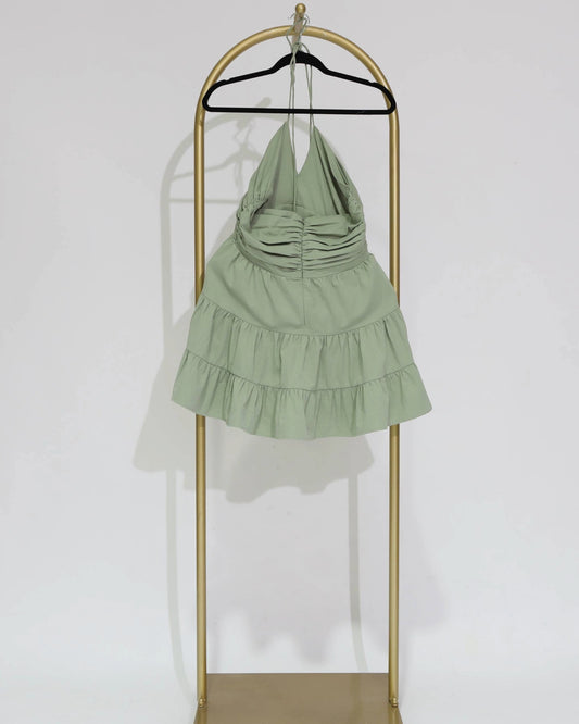 Halter Neck Tiered Mini Dress - Sage Green
