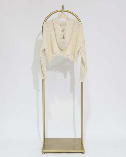 Frayed Hem Knit Hoodie - Cream