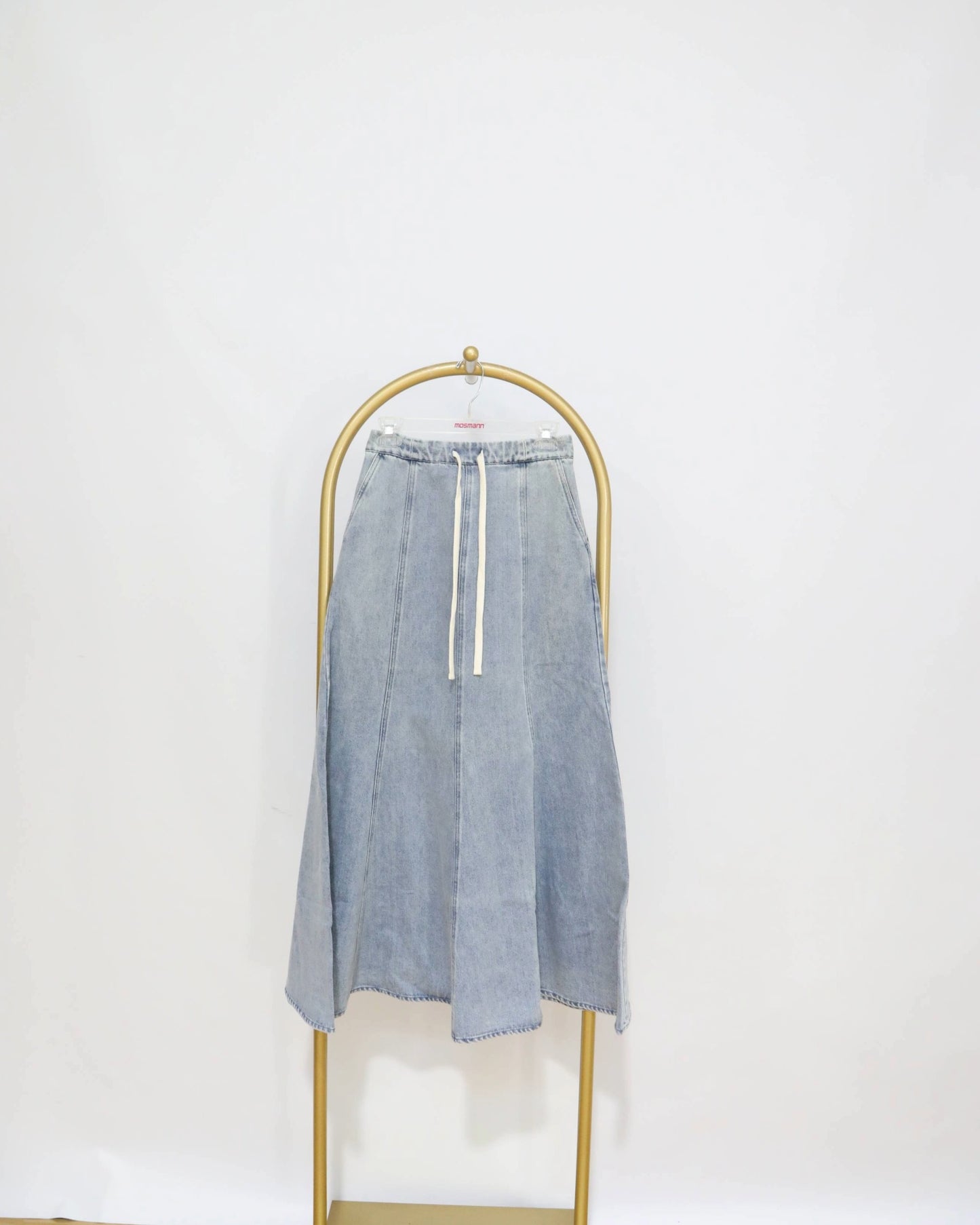 Elastic Waist Denim Midi Skirt - Light Blue Wash