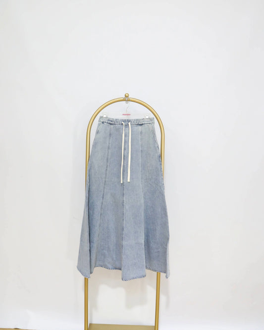 Elastic Waist Denim Midi Skirt - Light Blue Wash
