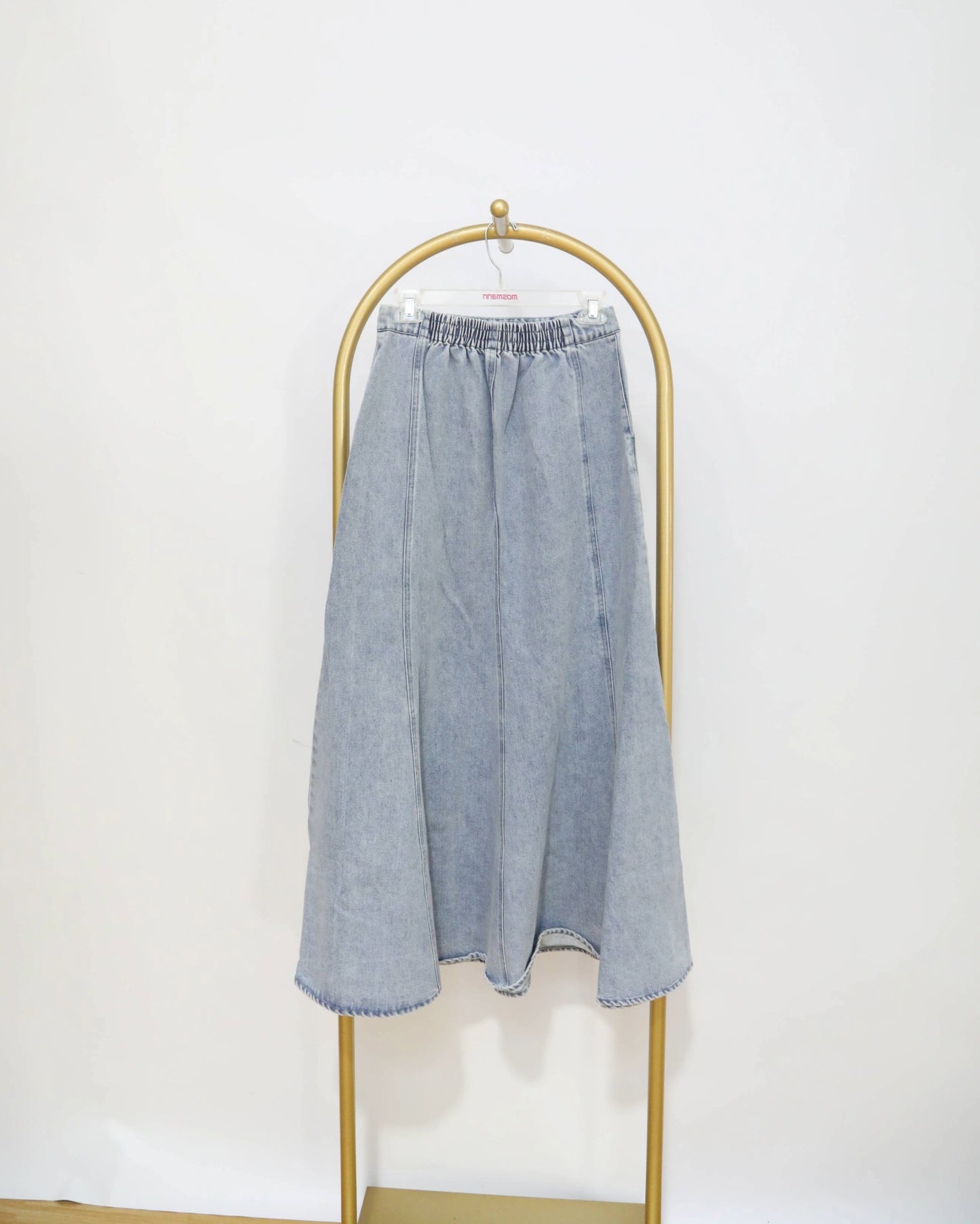 Elastic Waist Denim Midi Skirt - Light Blue Wash