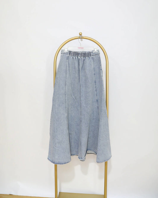 Elastic Waist Denim Midi Skirt - Light Blue Wash