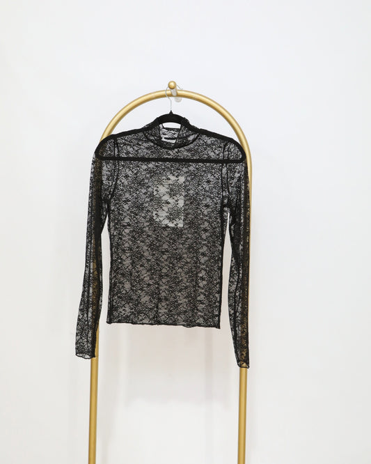 Sheer Lace Long Sleeve Top – Black
