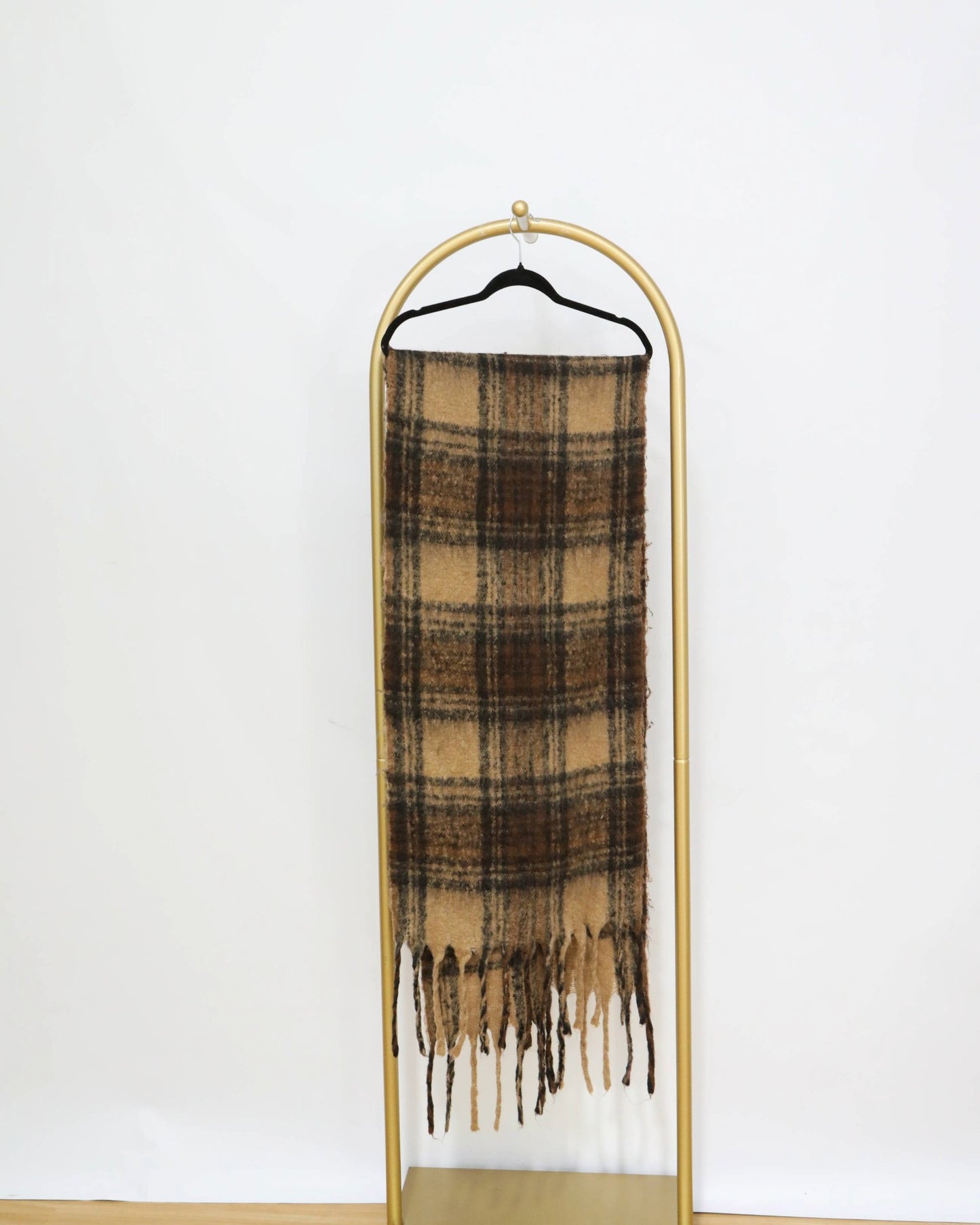 Check Scarf with Contrast Trim - Camel