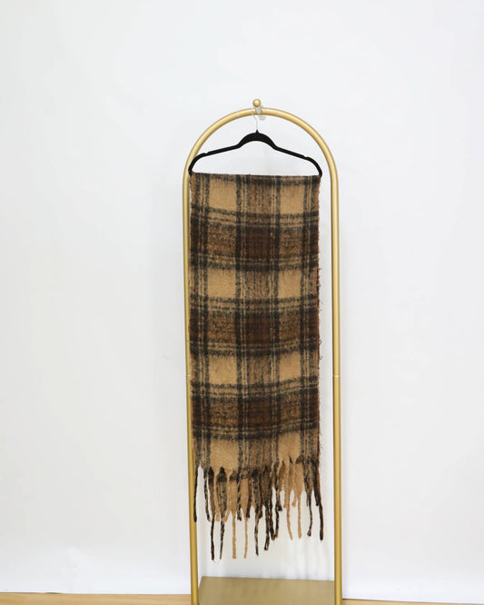 Check Scarf with Contrast Trim - Camel