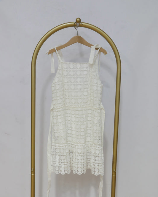 Girls Lace Tie Shoulder Sleeveless Dress – Cream