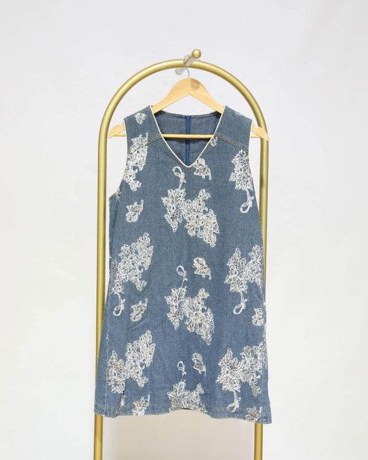 Embroidered Denim Shift Mini Dress – Vintage Blue