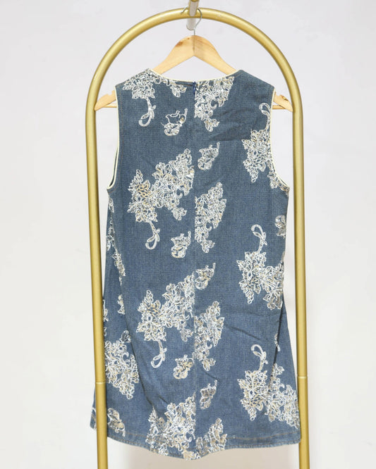 Embroidered Denim Shift Mini Dress – Vintage Blue