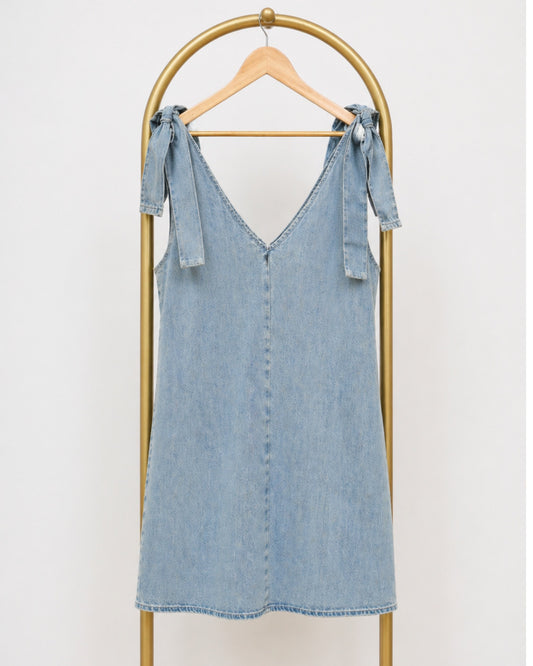 Denim Tie Shoulder Mini Dress - Light Wash