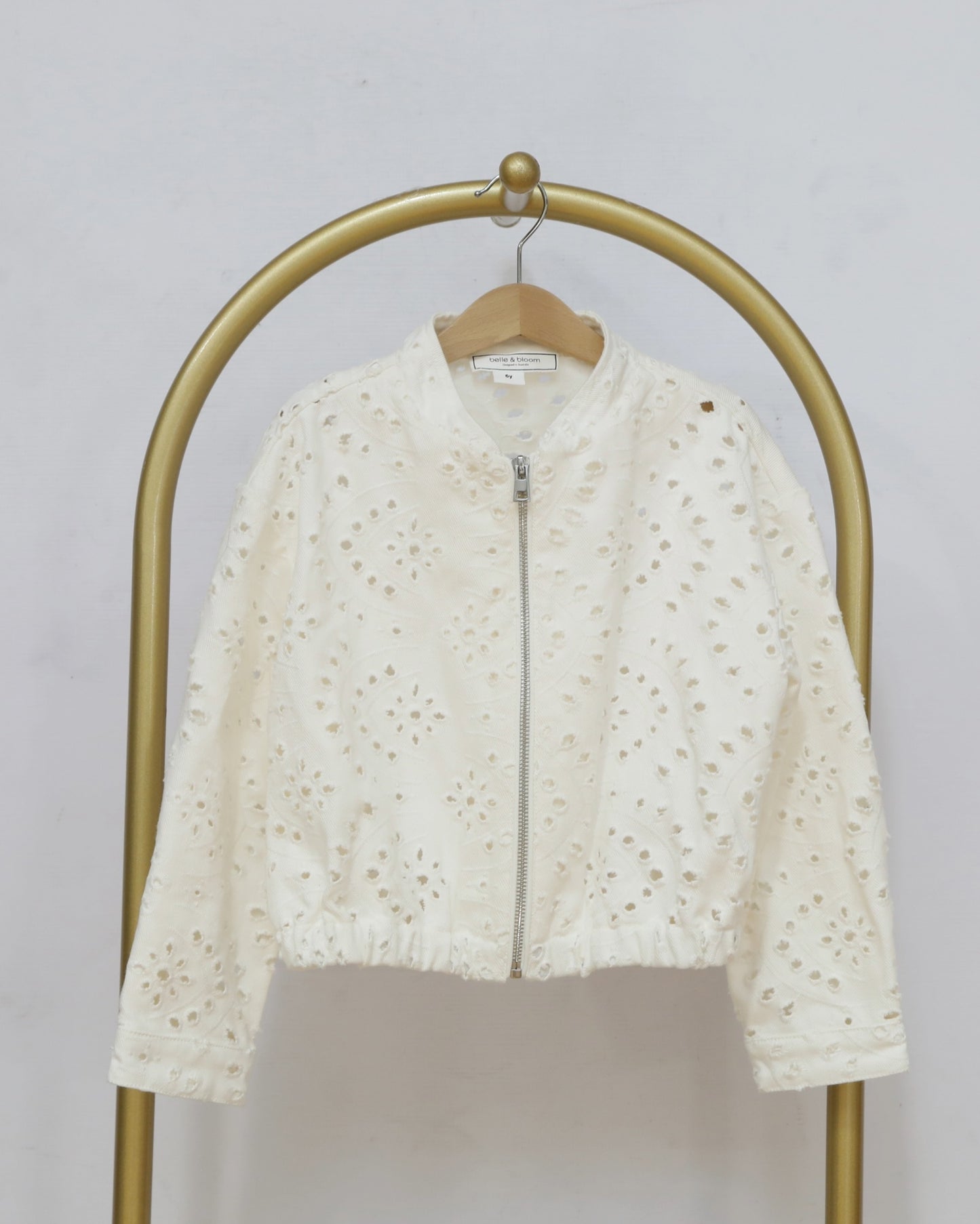 Girls Broderie Cropped Zip Jacket - Cream