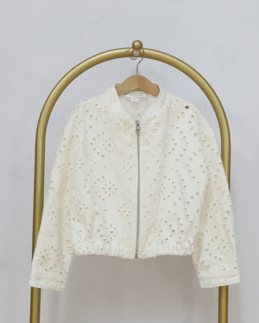 Girls Broderie Cropped Zip Jacket - Cream