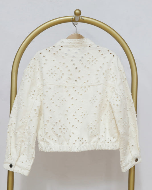 Girls Broderie Cropped Zip Jacket - Cream