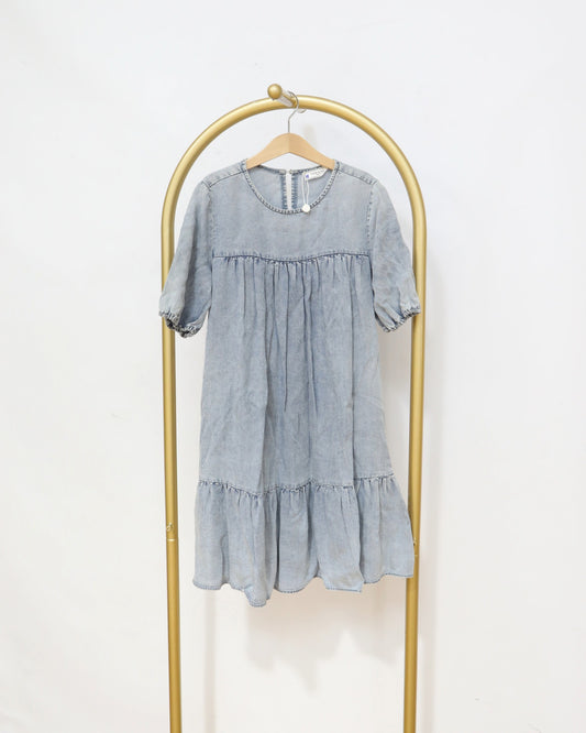 Girls Light Wash Denim Tiered Mini Dress