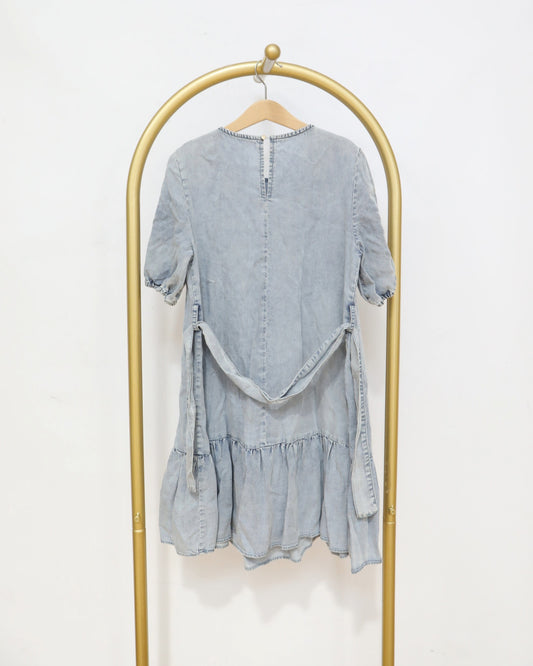 Girls Light Wash Denim Tiered Mini Dress