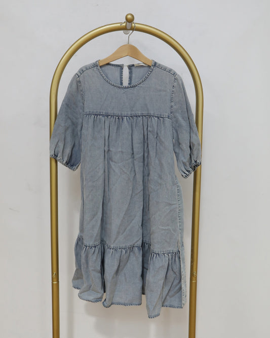 Girls Denim Tiered Mini Dress - Light Wash