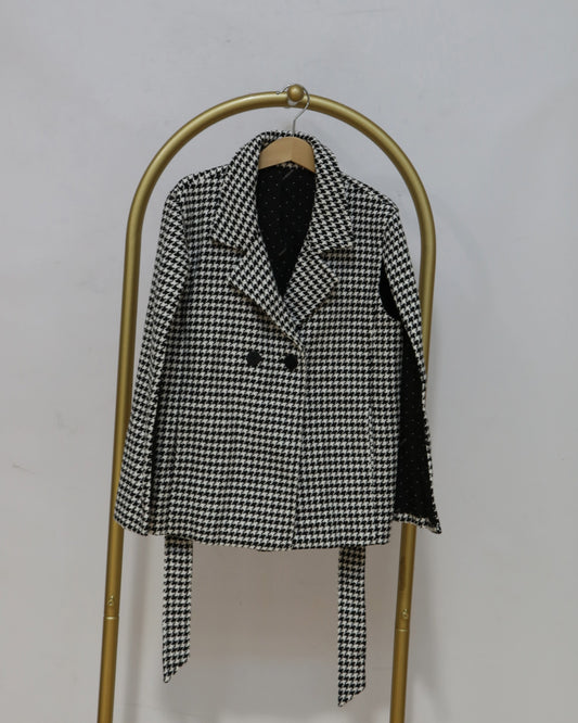 Girls’ Houndstooth Belted Blazer Jacket – Black & White
