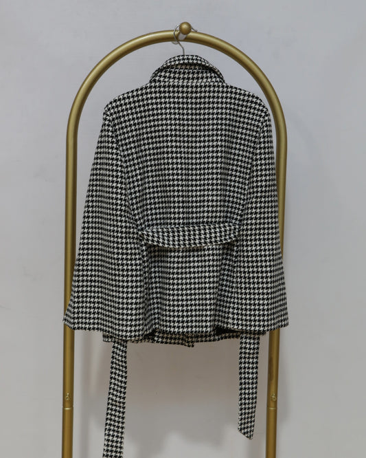 Girls’ Houndstooth Belted Blazer Jacket – Black & White