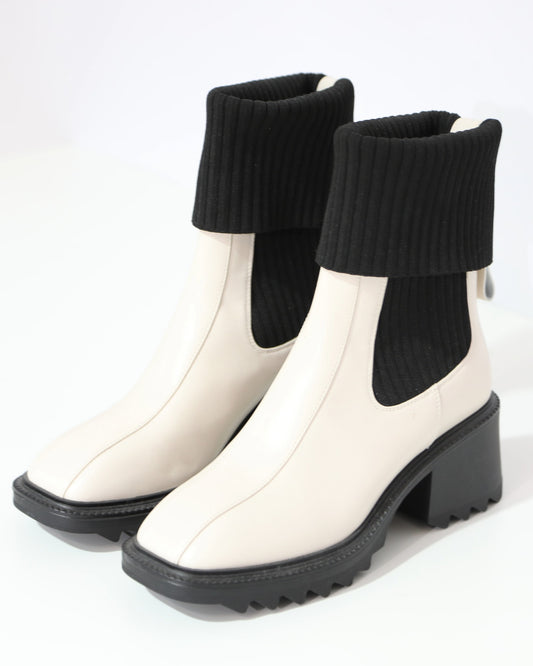 Ribbed Sock Ankle Boots – Cream & Black