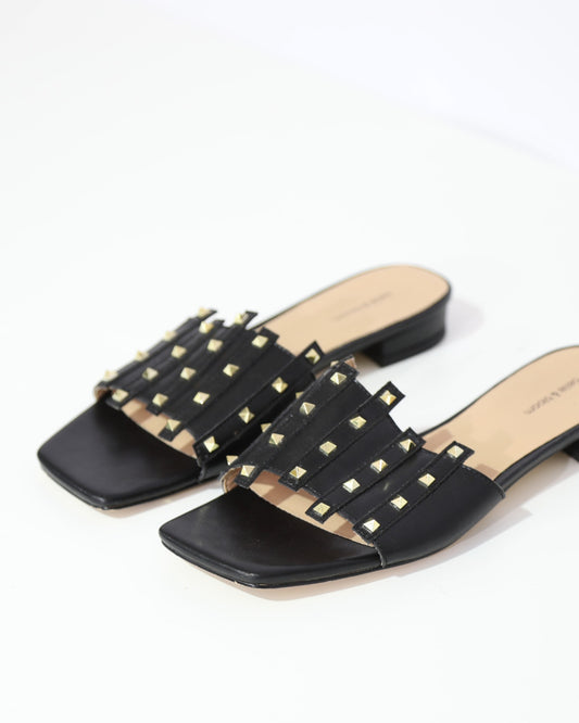 Studded Strap Slide Sandals – Black
