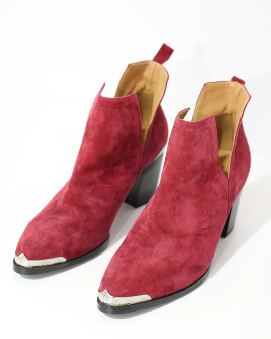 Suede Western Ankle Boots – Burgundy