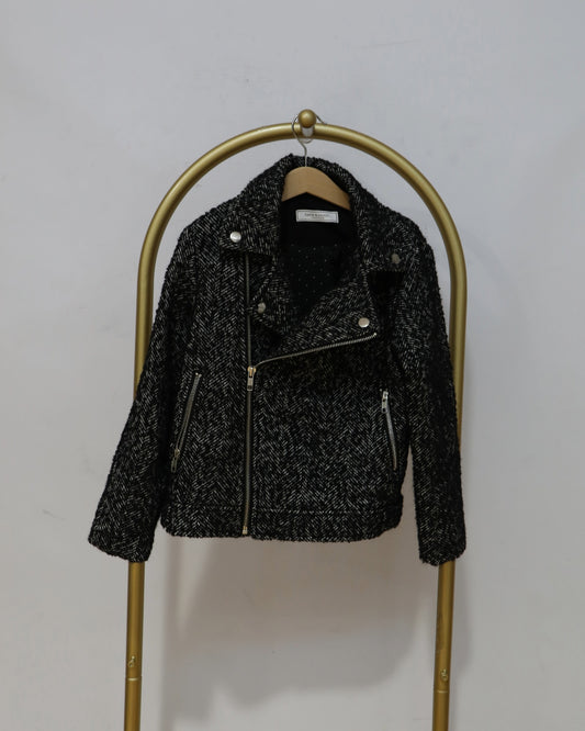 Girls Herringbone Moto Jacket - Black & White