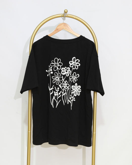 Floral Graphic V Neck Oversized T-Shirt - Black