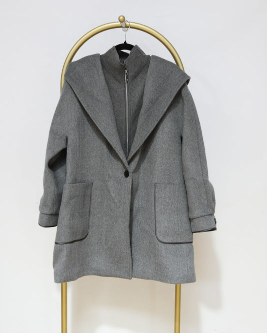 Layered Hooded Wool Coat - Grey