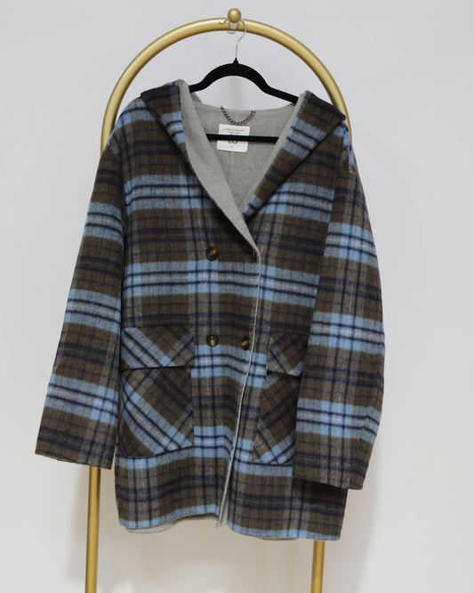 Hooded Plaid Coat - Blue/Brown