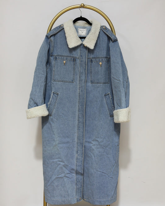 Faux Shearling Denim Coat - Blue