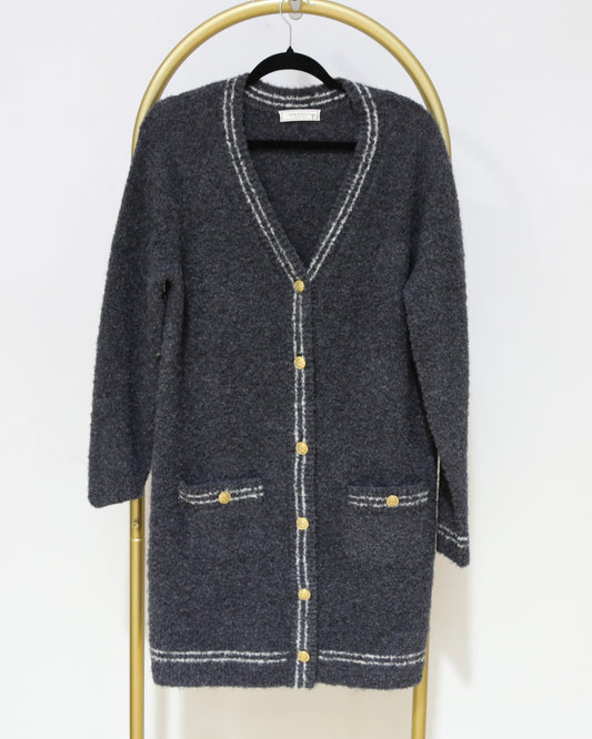 Contrast Trim Longline Cardigan - Charcoal