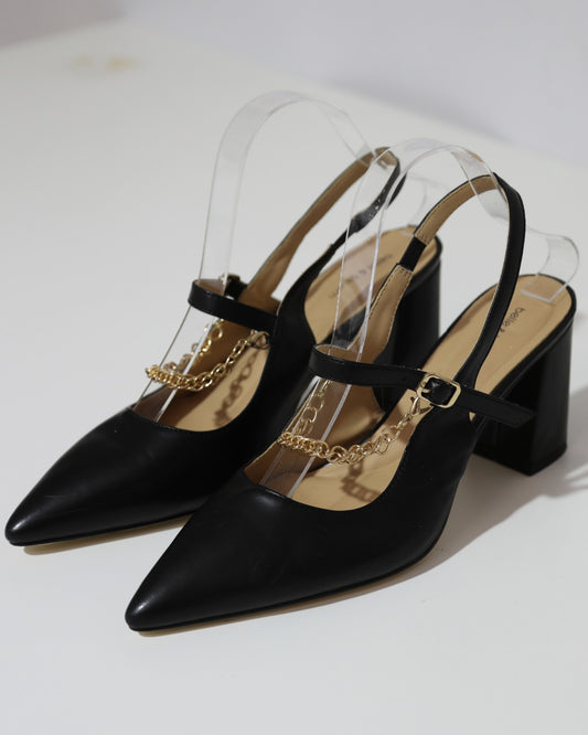 Chain Detail Slingback Heels - Black