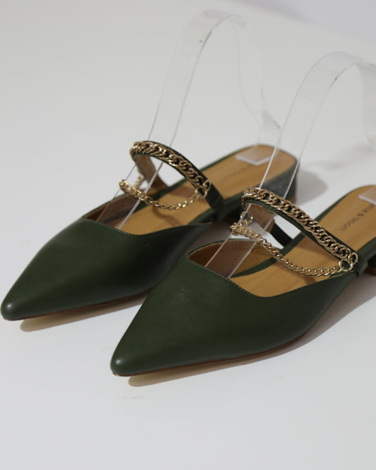 Chain Detail Pointed Mules - Green