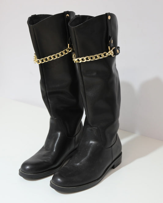 Chain Detail Knee-High Boots - Black