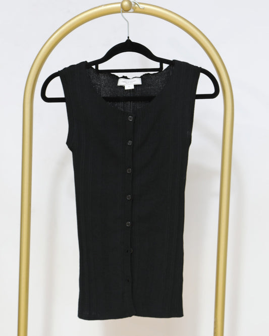 Button Front Ribbed Knit Tank - Black