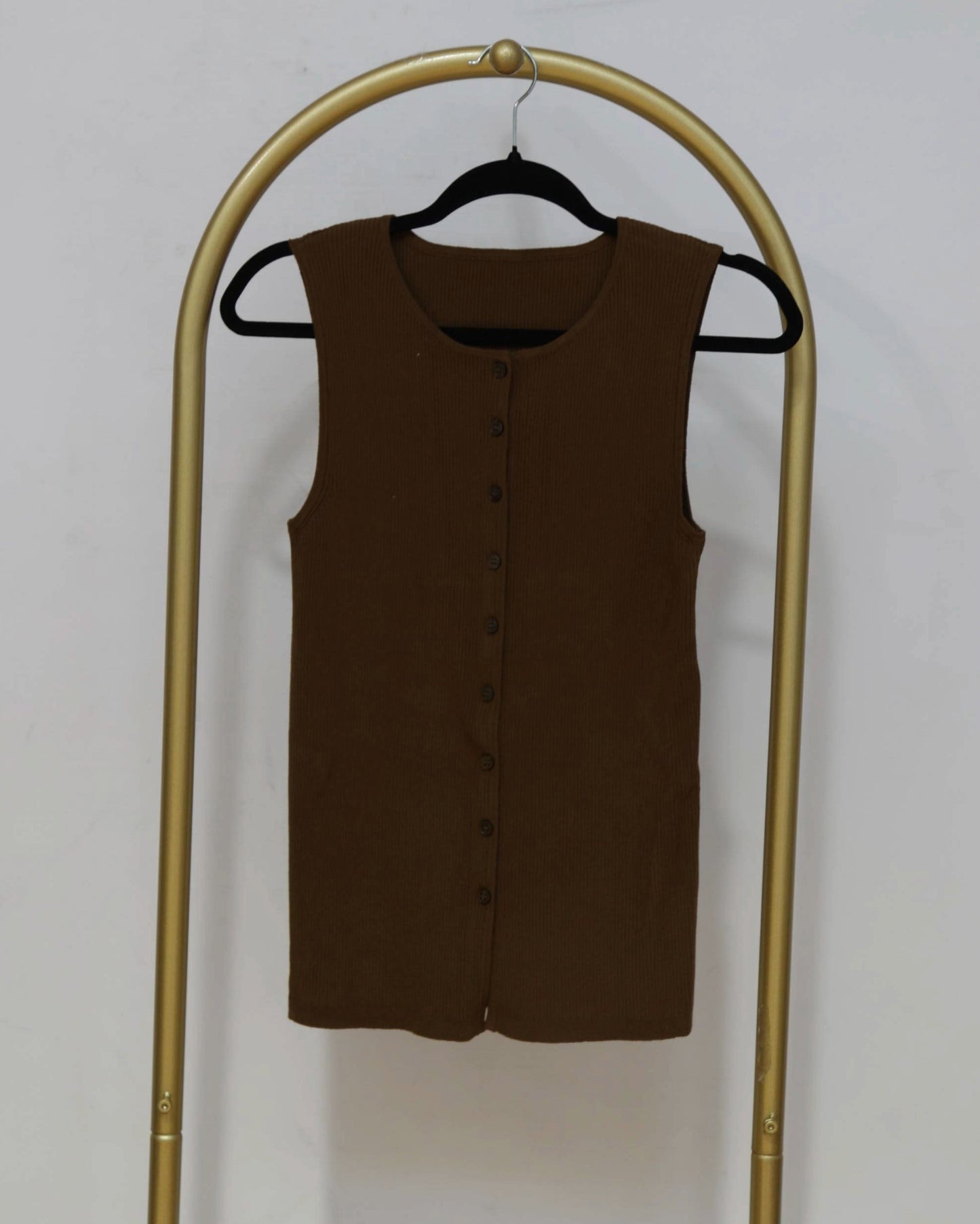 Button-Front Ribbed Knit Mini Dress - Chocolate