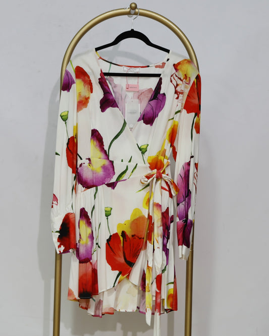 Watercolour Floral Wrap Mini Dress – Ivory Multi