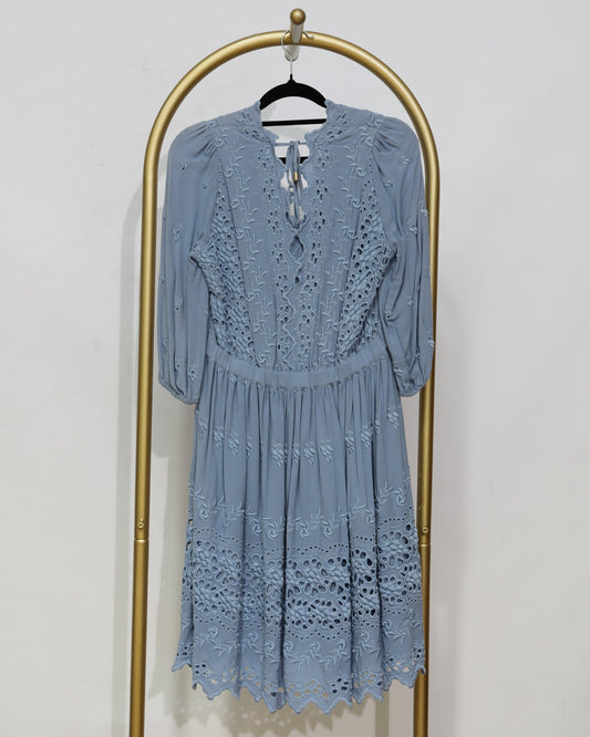Embroidered Broderie Mini Dress - Blue