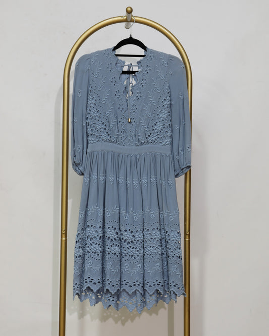 Embroidered Broderie Mini Dress - Blue