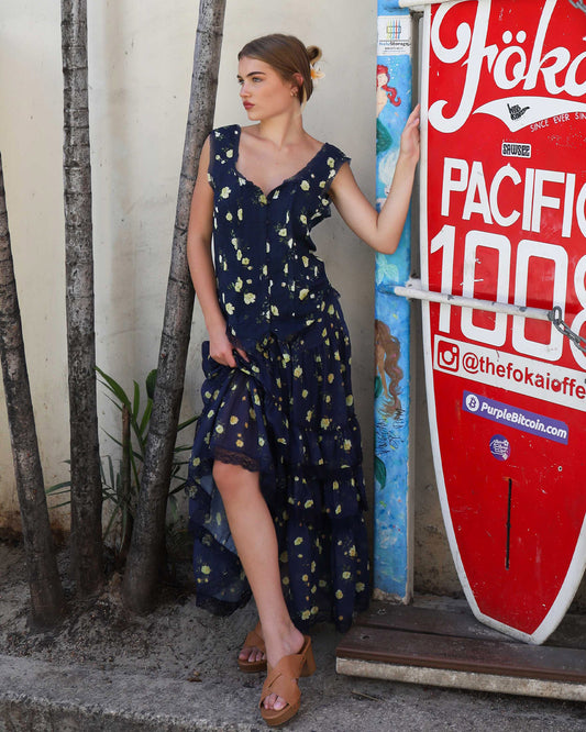 Wanderlace Ruffle Maxi Skirt - Navy Print