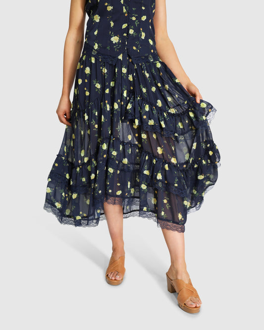 Wanderlace Ruffle Maxi Skirt - Navy Print