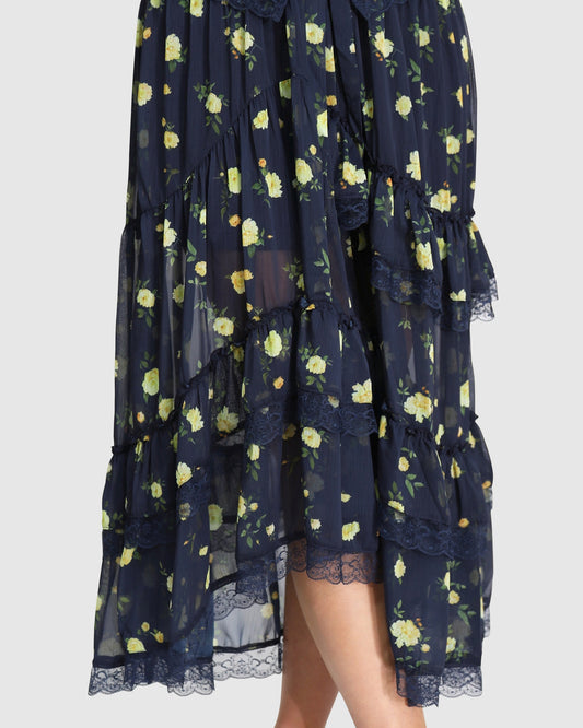 Wanderlace Ruffle Maxi Skirt - Navy Print
