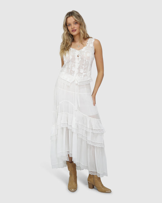 Wanderlace Ruffle Maxi Skirt - White
