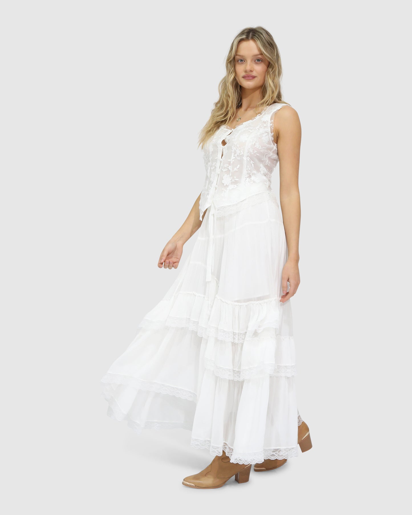 Wanderlace Ruffle Maxi Skirt - White