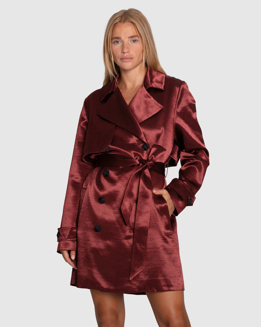 Will You Stay Trench Dress - Burgundy