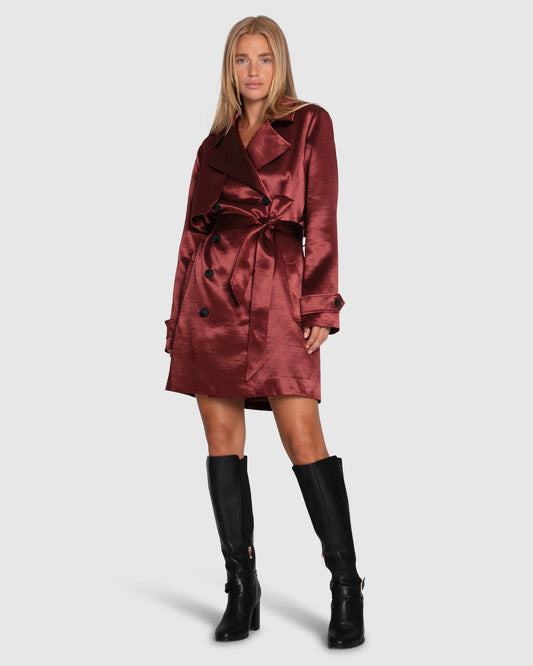 Will You Stay Trench Dress - Burgundy