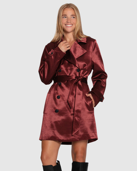 Will You Stay Trench Dress - Burgundy