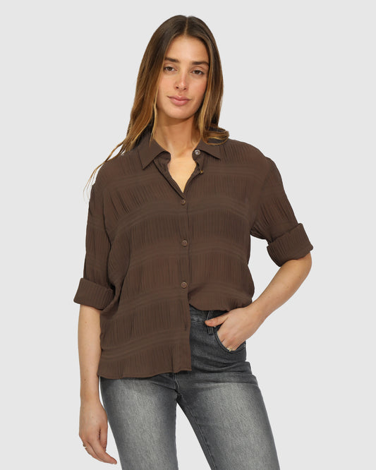 Yoko Shirred Chiffon Blouse - Chocolate